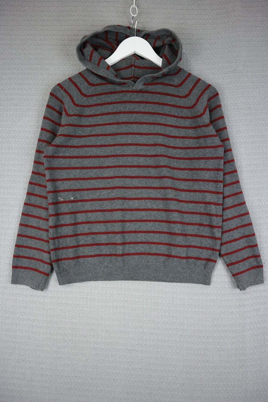 Striped Knit Hoodie Sweater Gray Red Pullover Raglan Sleeves Small